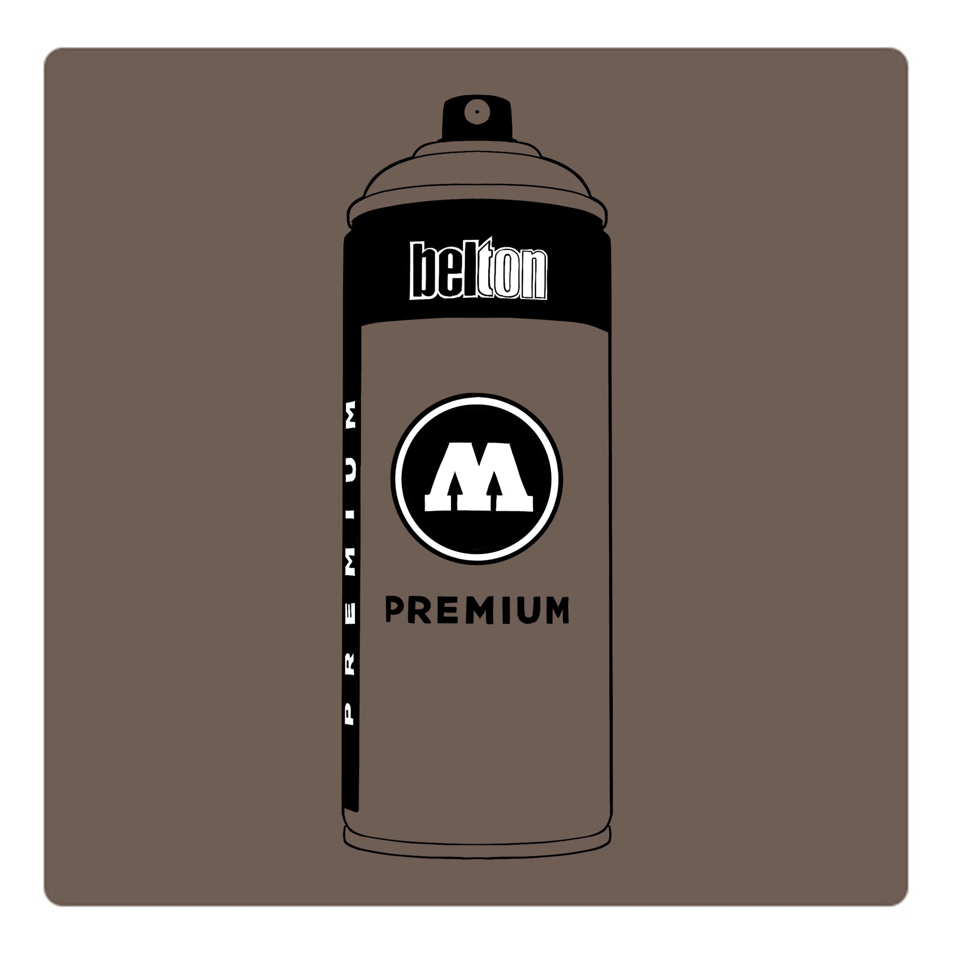 A black outline drawing of a greyish brown spray paint can with the words "belton","premium" and the letter"M" written on the face in black and white font. The background is a color swatch of the same greyish brown with a white border
