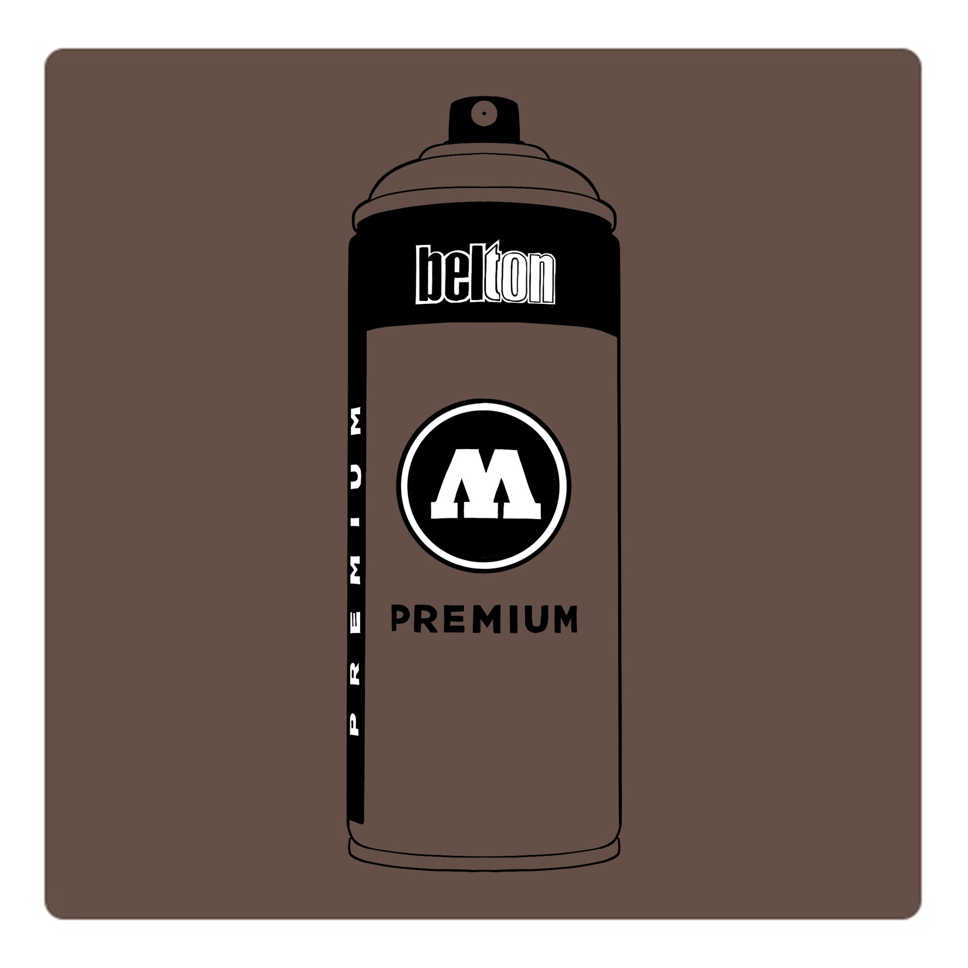 A black outline drawing of a taupe brown spray paint can with the words "belton","premium" and the letter"M" written on the face in black and white font. The background is a color swatch of the same Taupe brown with a white border