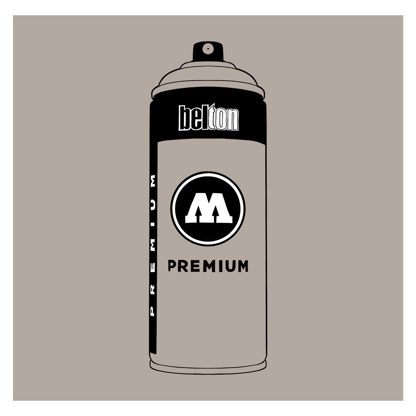 A white outline drawing of a grey spray paint can with the words "belton","premium" and the letter"M" written on the face in black and white font. The background is a color swatch of the same grey with a white border