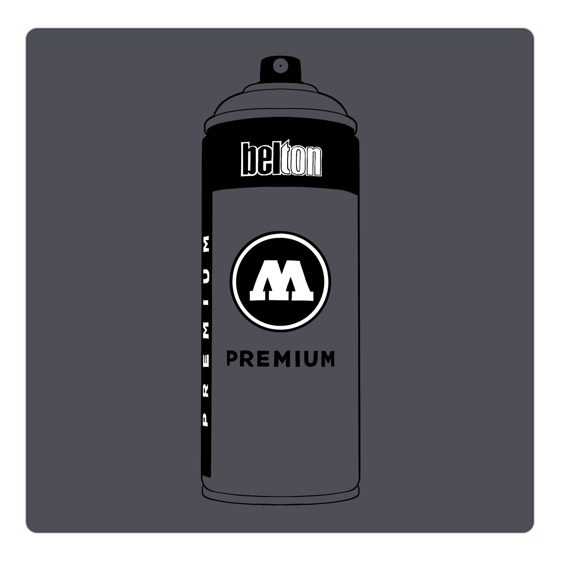 A black outline drawing of a greyish purple spray paint can with the words "belton","premium" and the letter"M" written on the face in black and white font. The background is a color swatch of the same greyish purple with a white border