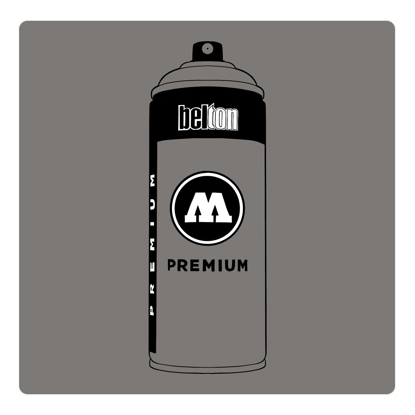 A black outline drawing of a mid grey spray paint can with the words "belton","premium" and the letter"M" written on the face in black and white font. The background is a color swatch of the same mid grey with a white border