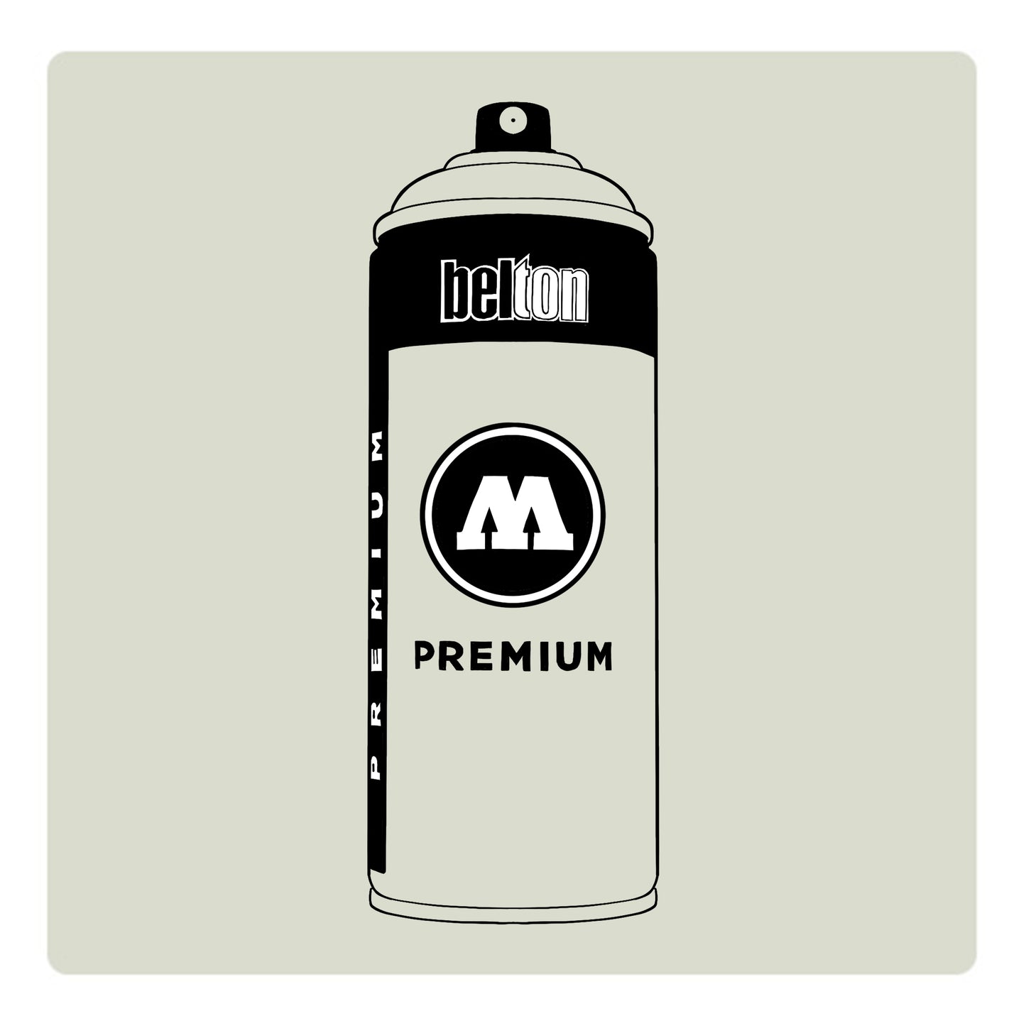 A black outline drawing of a light mint grey spray paint can with the words "belton","premium" and the letter"M" written on the face in black and white font. The background is a color swatch of the same light mint green with a white border