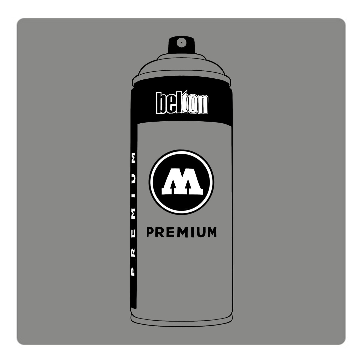 A black outline drawing of a grey spray paint can with the words "belton","premium" and the letter"M" written on the face in black and white font. The background is a color swatch of the same grey with a white border