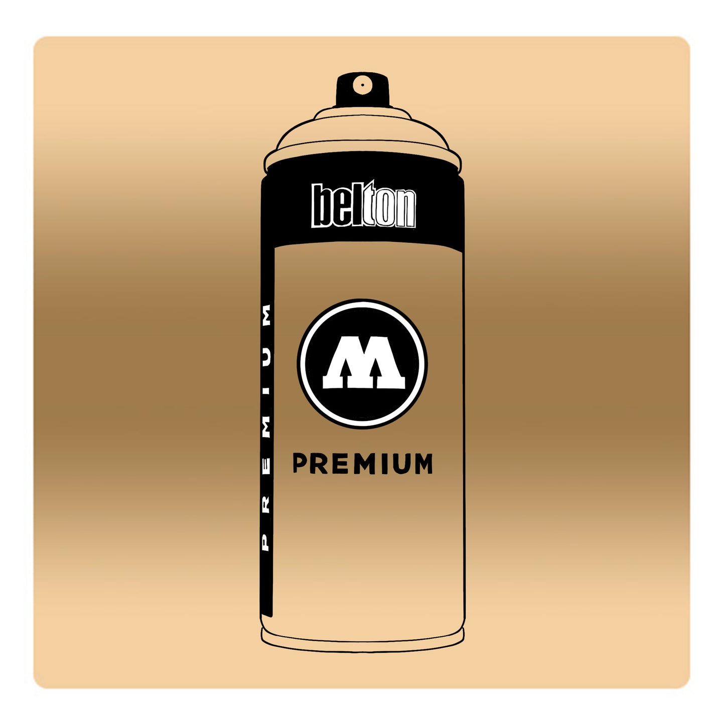A black outline drawing of a gold gradient spray paint can with the words "belton","premium" and the letter"M" written on the face in black and white font. The background is a color swatch of the same gold gradient with a white border