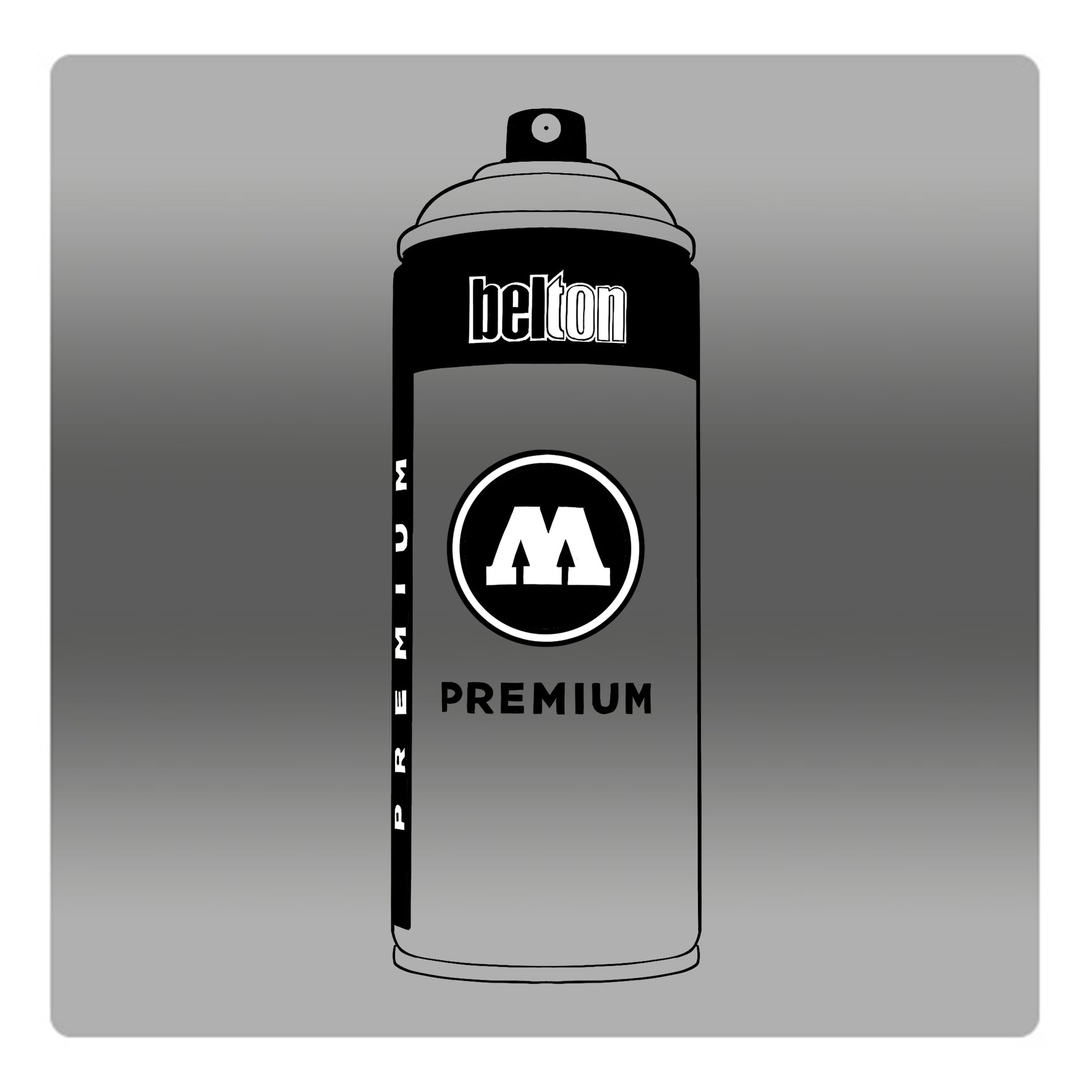 A black outline drawing of a silver gradient spray paint can with the words "belton","premium" and the letter"M" written on the face in black and white font. The background is a color swatch of the same silver gradient with a white border