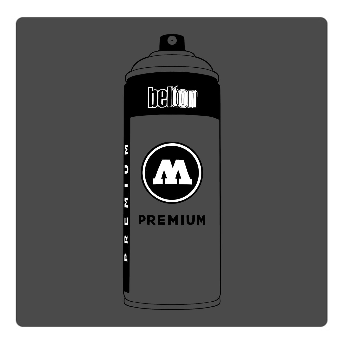 A black outline drawing of a dark grey spray paint can with the words "belton","premium" and the letter"M" written on the face in black and white font. The background is a color swatch of the same dark grey with a white border