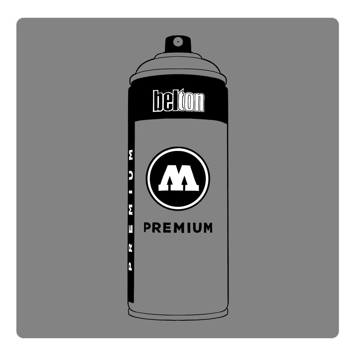 A black outline drawing of a light grey spray paint can with the words "belton","premium" and the letter"M" written on the face in black and white font. The background is a color swatch of the same light grey with a white border