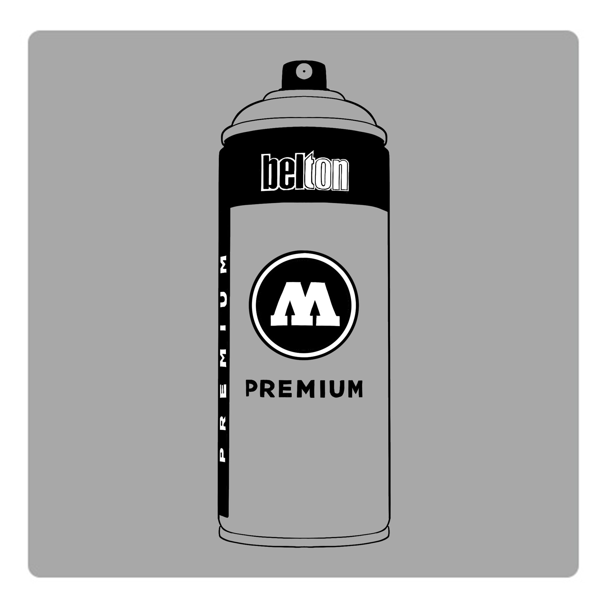 A black outline drawing of a pale grey spray paint can with the words "belton","premium" and the letter"M" written on the face in black and white font. The background is a color swatch of the same pale grey with a white border