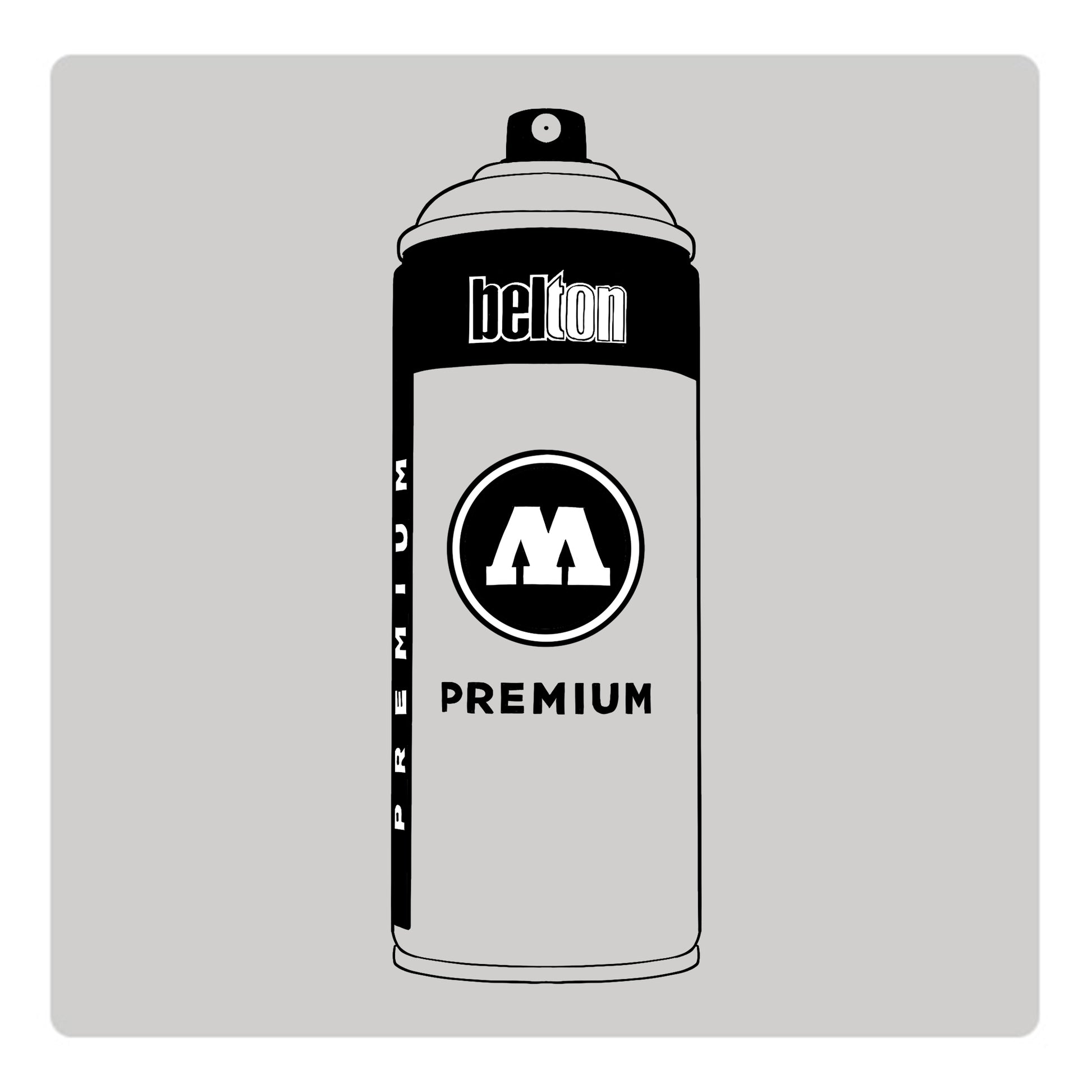 A black outline drawing of a light grey spray paint can with the words "belton","premium" and the letter"M" written on the face in black and white font. The background is a color swatch of the same light grey with a white border