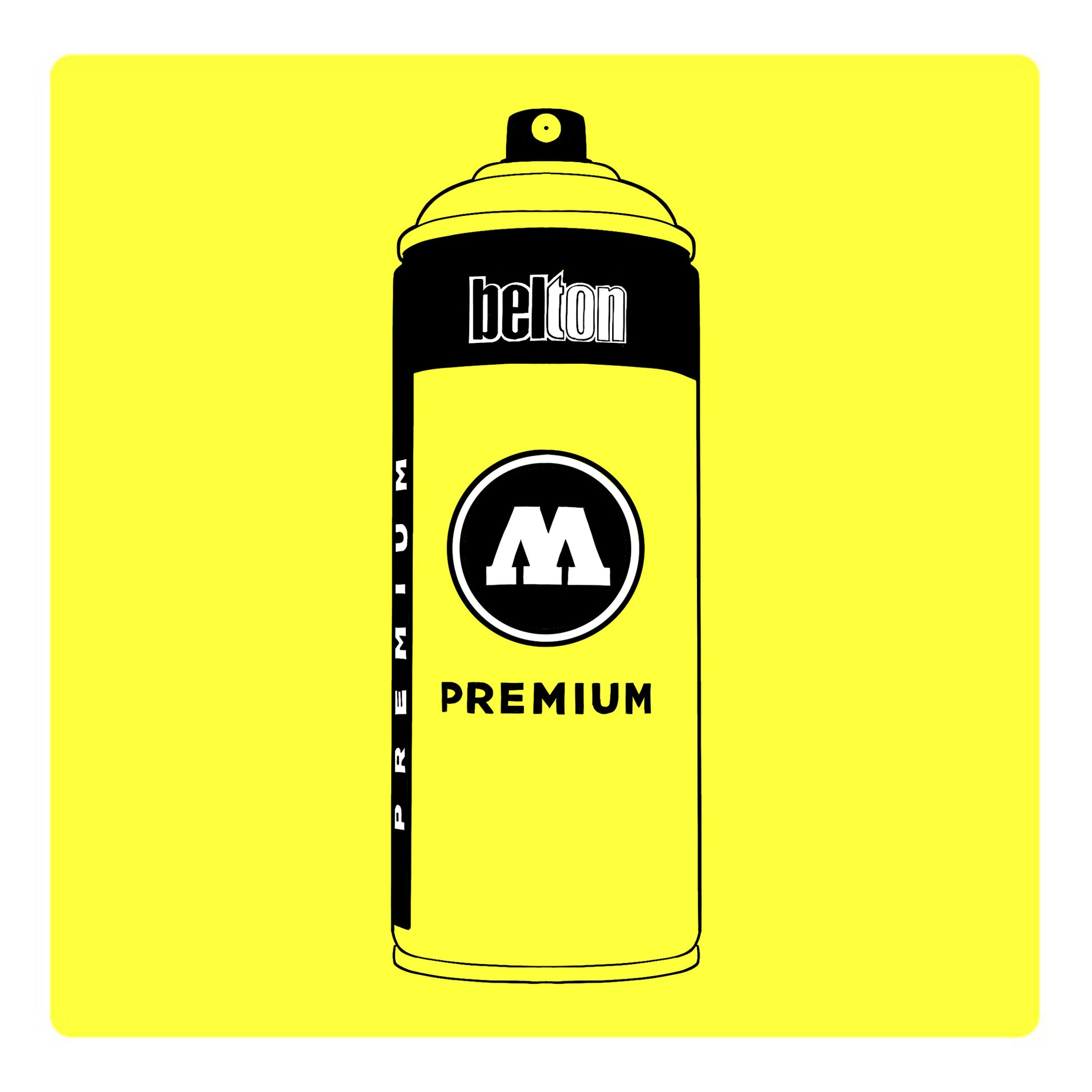 A black outline drawing of a bright yellow spray paint can with the words "belton","premium" and the letter"M" written on the face in black and white font. The background is a color swatch of the same bright yellow with a white border
