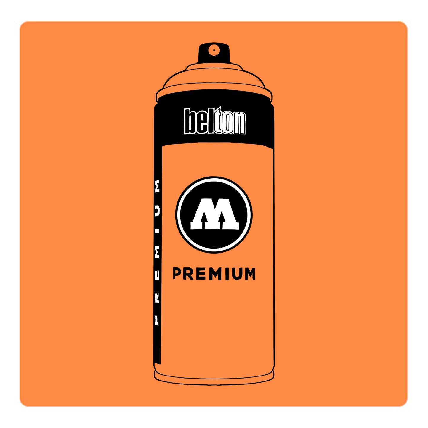 A black outline drawing of a pastel orange spray paint can with the words "belton","premium" and the letter"M" written on the face in black and white font. The background is a color swatch of the same pastel orange with a white border