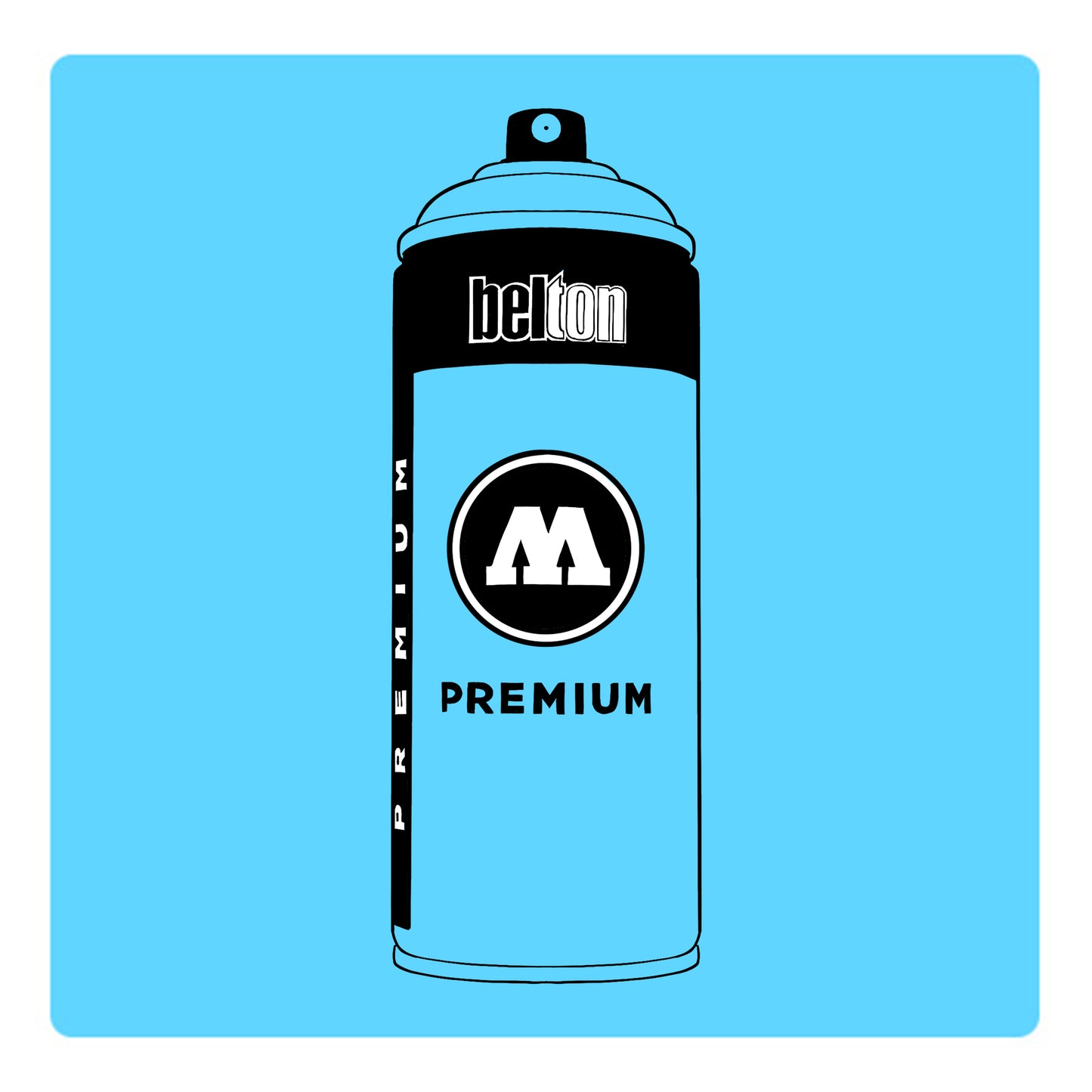 A black outline drawing of a bright sky blue spray paint can with the words "belton","premium" and the letter"M" written on the face in black and white font. The background is a color swatch of the same bright sky blue with a white border