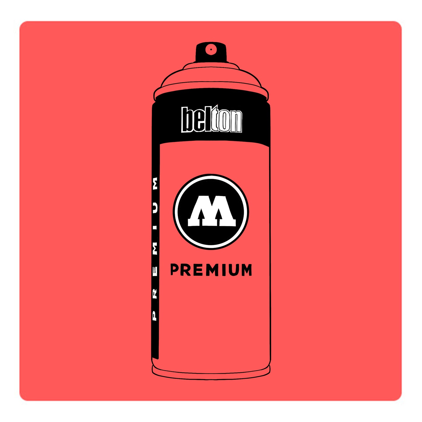 A black outline drawing of a coral  spray paint can with the words "belton","premium" and the letter"M" written on the face in black and white font. The background is a color swatch of the same coral with a white border