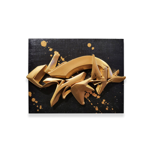 Gold painted resin sculpture on wood panel by graffiti artist Man One #2 of3.