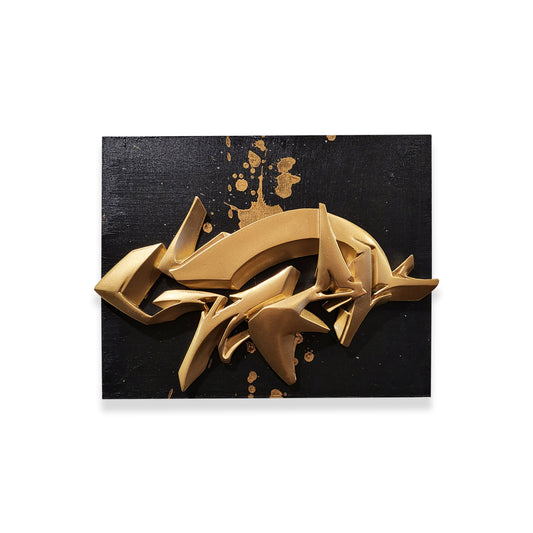 Gold painted resin sculpture on wood panel by graffiti artist Man One #3 of3.