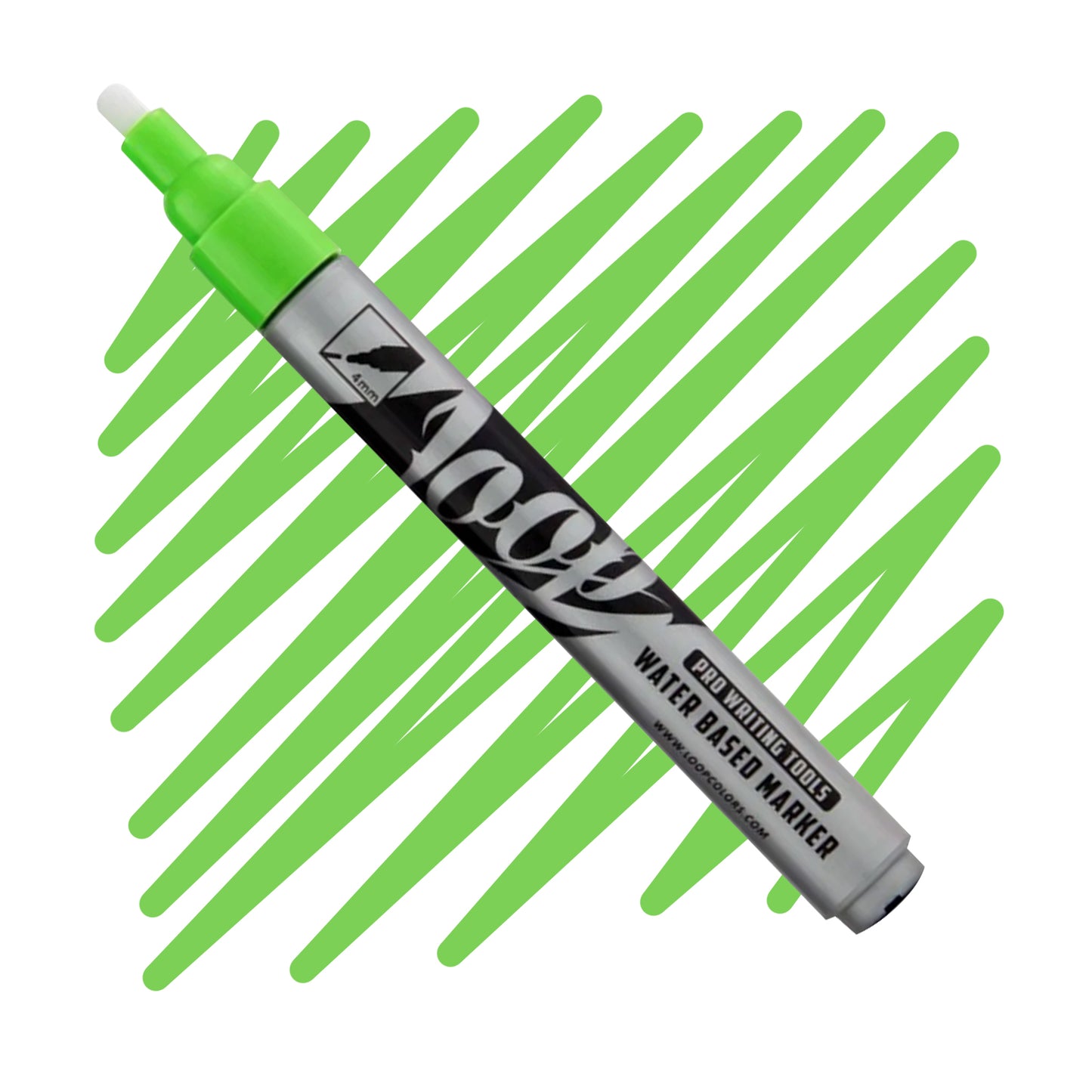 4mm round nib loop marker with a black nib ,grey body and Lucca text over a Lucca swatch.