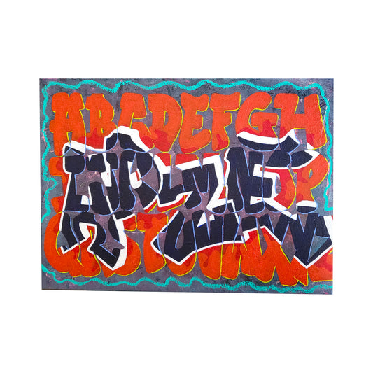 Art piece with a dark grey background, a teal squiggly line on the boarder. Inside the boarder is a red graffiti style alphabet with yellow shadowing