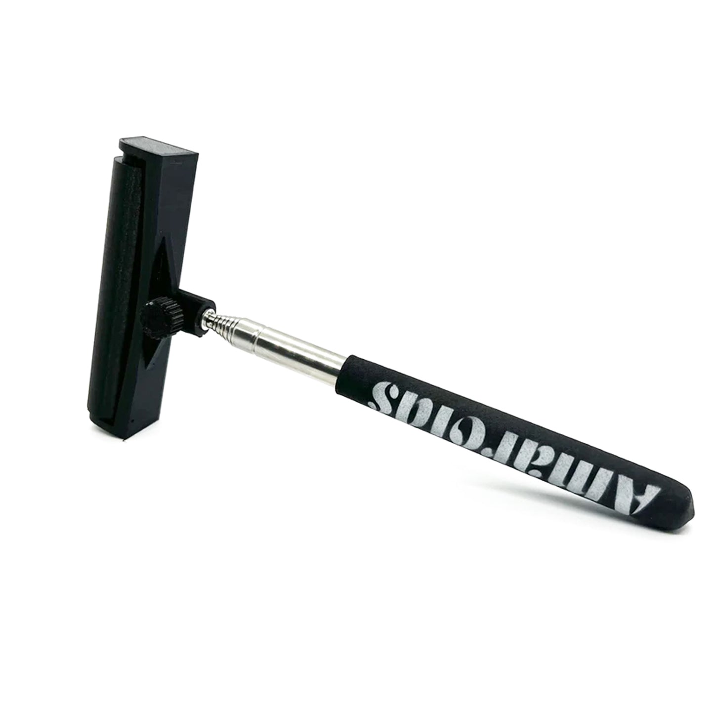 Metal, retractable pole with a black handle at the bottom reading "Amaroids" and a black, rolling bar at the top and turning nob.
