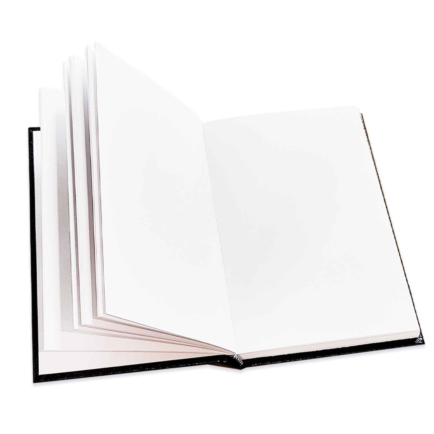 Open sketchbook with blank pages on a white background