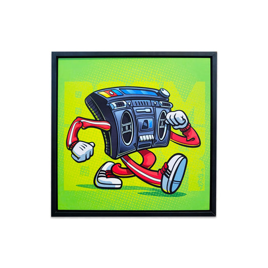 Boombox graffiti style character whereing a red jump suit taking a stroll across a lime green background with a black frame.