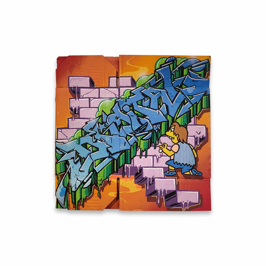 Colorful painting with a cartoon character and graffiti-style text on a white background.