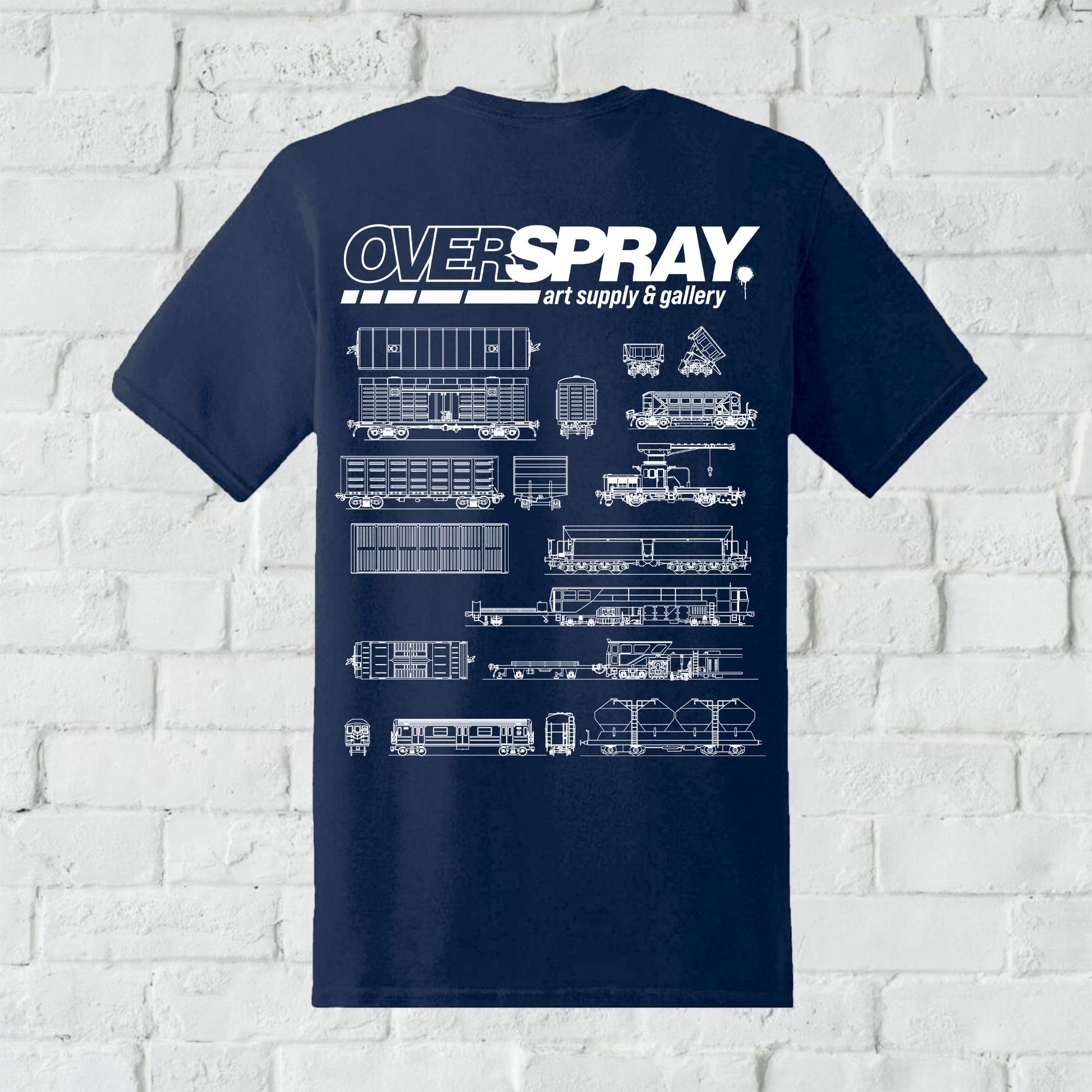 The back of a blue shirt with "overspray" and train illustrations in white print
