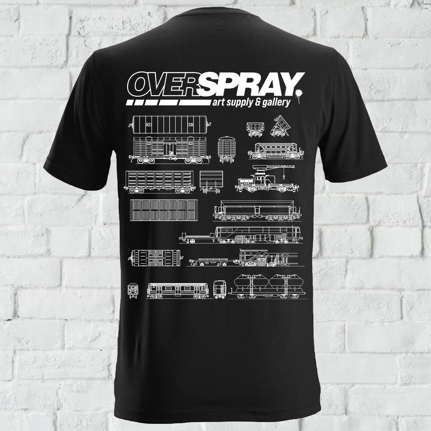 The back of a black shirt with "overspray" and train illustrations in white print