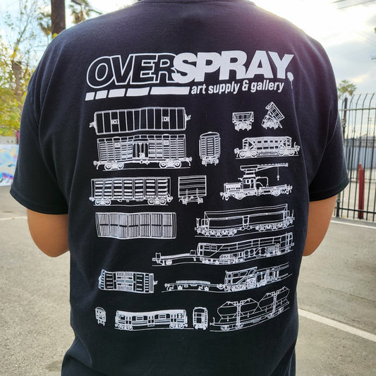 The back of a black shirt with "overspray" and train illustrations in white print