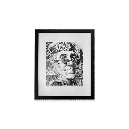 Black framed black and white drawing of Ben Franklin as a hippie.