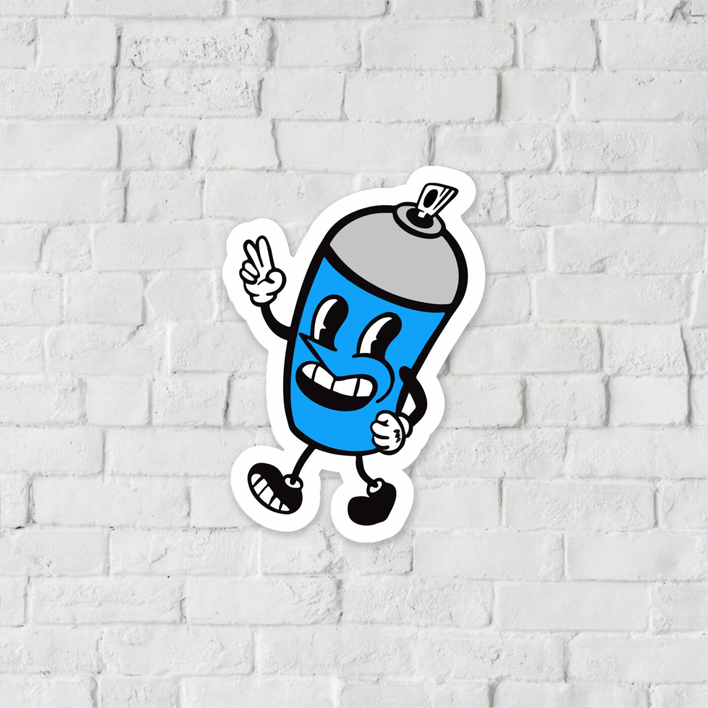 Blue spray paint can cartoon character sticker decal.