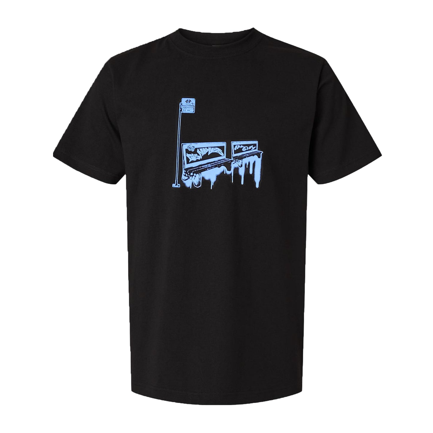 Black shirt with light blue print of a bus stop bench and sign reading all city bus mobbers
