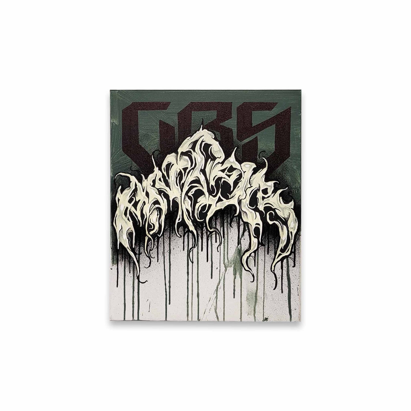 Graffiti style text and dripping designed painting on a white background.