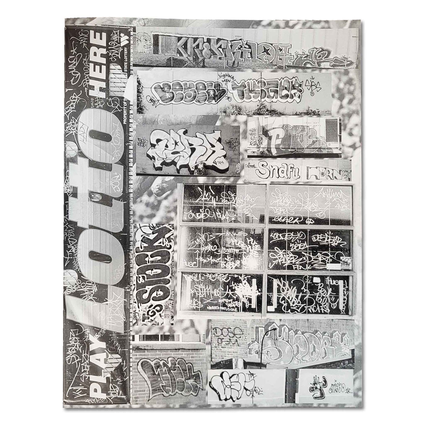 Collage of various graffiti photos in black and white on a white background.