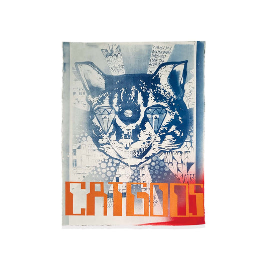 PAinted paper of an abstract cat with the painted letters reading "Catgods".