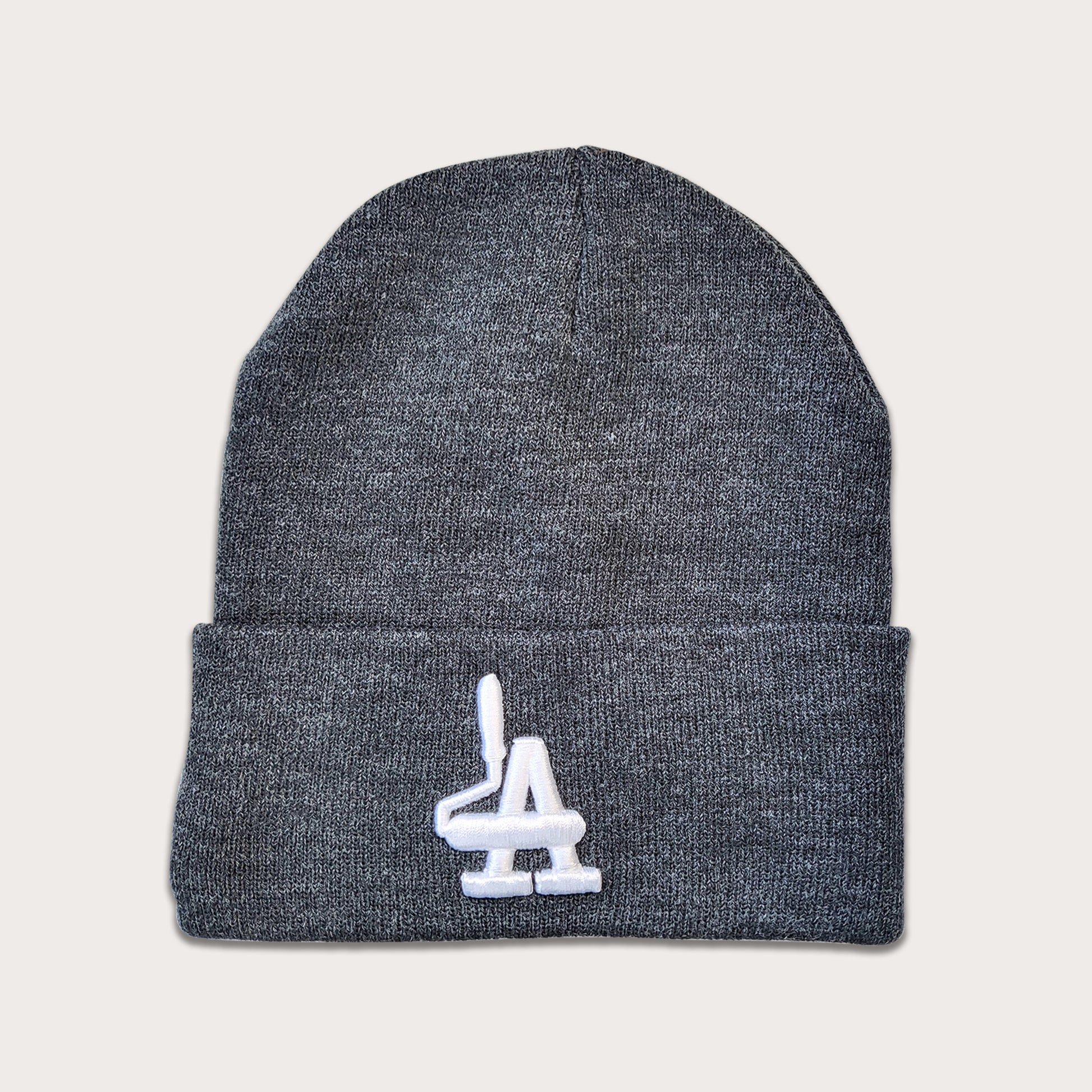 Locally owned graffiti brand Phatcaps, woven dark grey beanies with white puff embroidery.