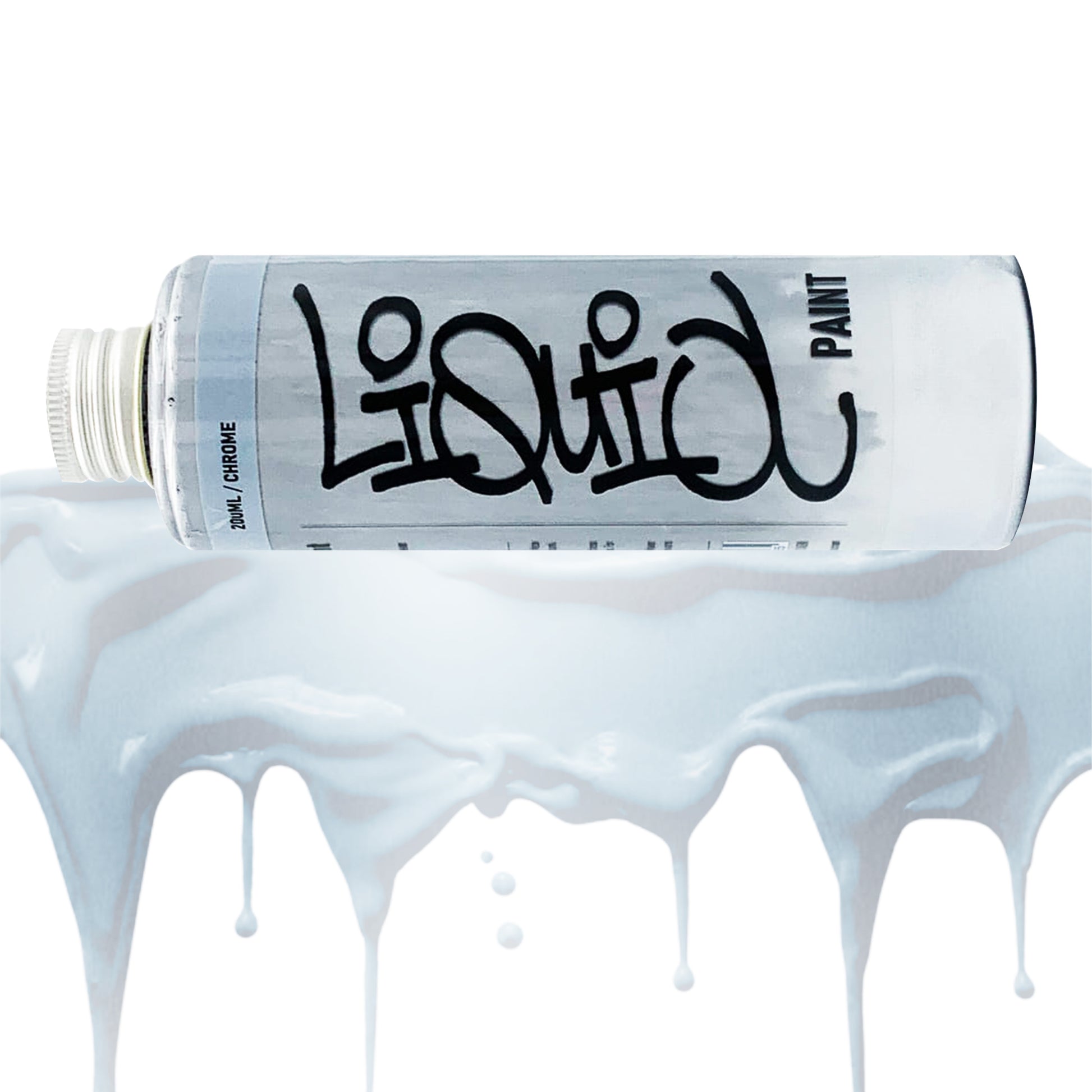 Bottle of Chrome refill Liquid Ink with silver cap on a Chrome dripping swatch