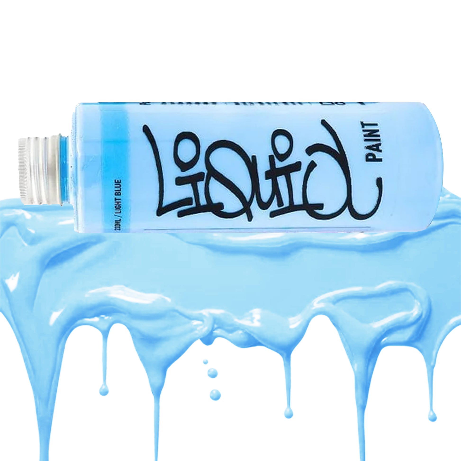 Light Blue bottle of Liquid refill Ink on a dripping light blue swatch