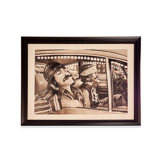 Black framed grey scale painting of two men driving in a classic car.