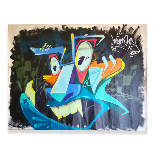Aerosol paint on unstretched canvas by graffiti artist Man One.