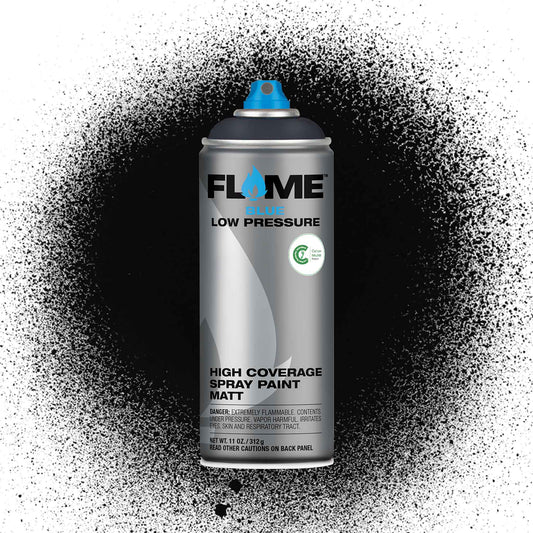 Flame spray paint can with black paint splashes on a white background.