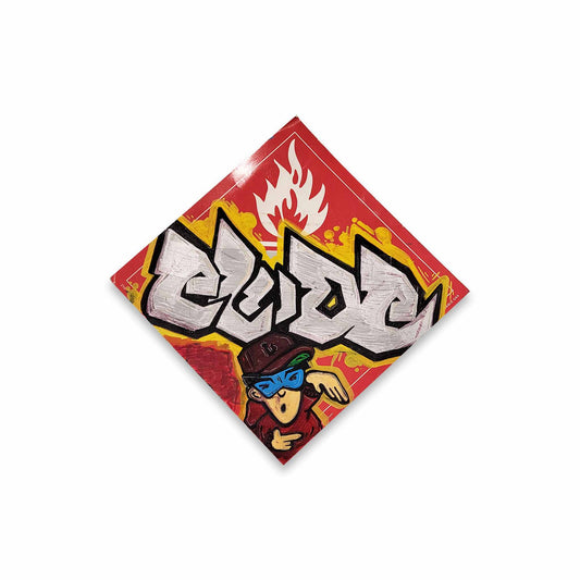 Red graffiti style art on a flammable icon plaque.