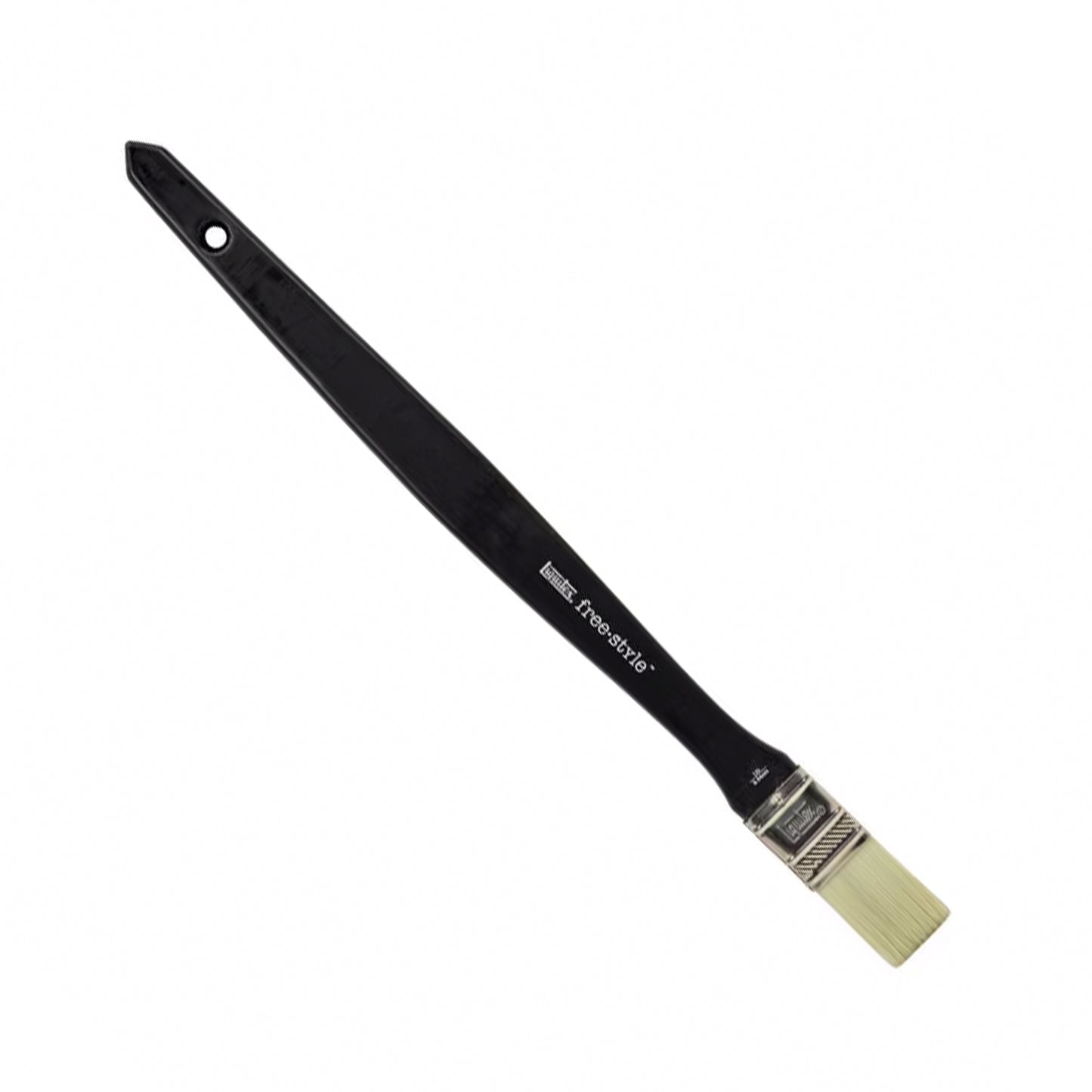 A paint brush with a long black handle and short yellow bristles.