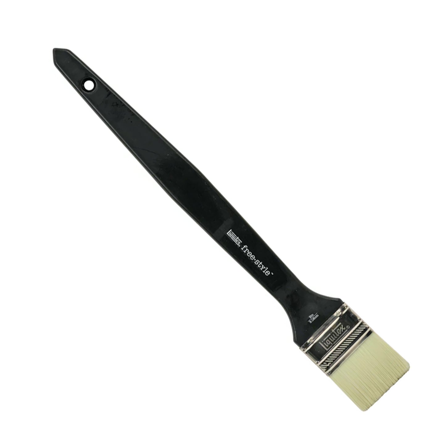 A paint brush with a long black handle and short yellow bristles.