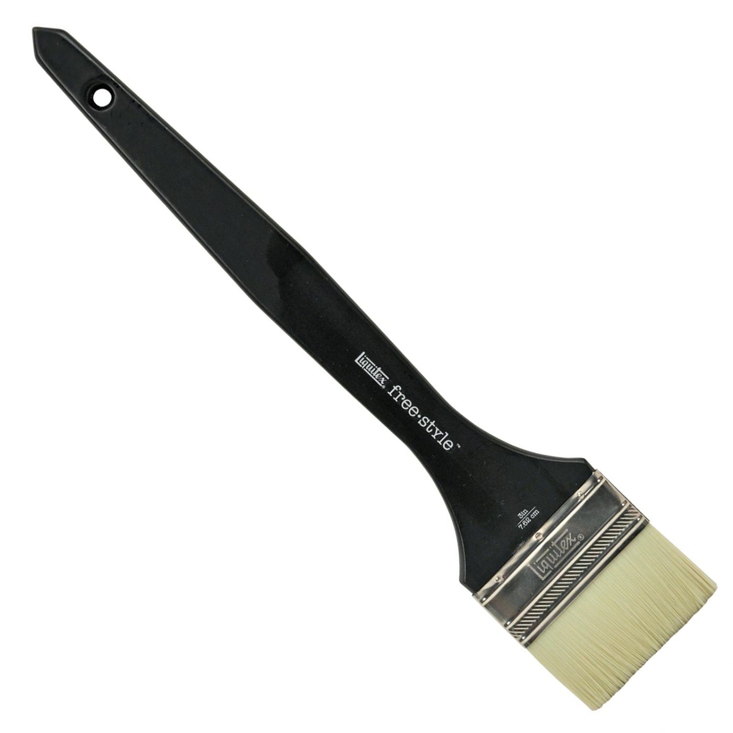 A paint brush with a long black handle and short yellow bristles.