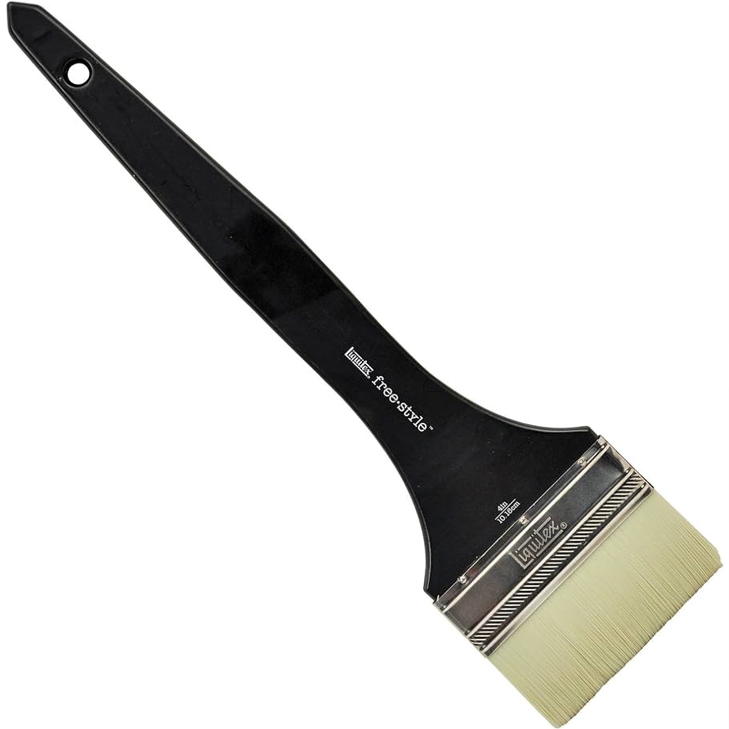 A paint brush with a long black handle and short yellow bristles.