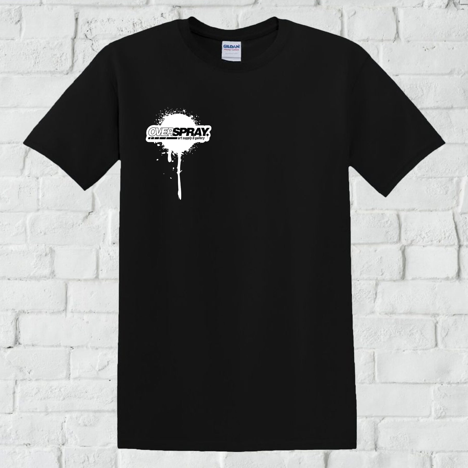 the front of a black shirt with  white pocket logo print