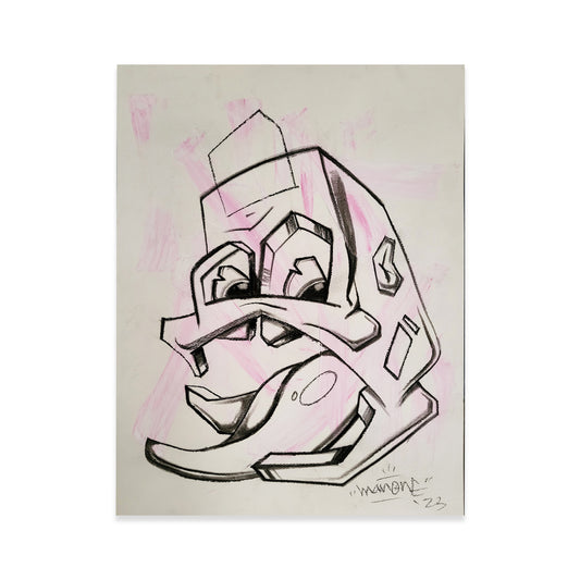 Framed, charcoal and acrylic paint on watercolor paper by artist Man One.