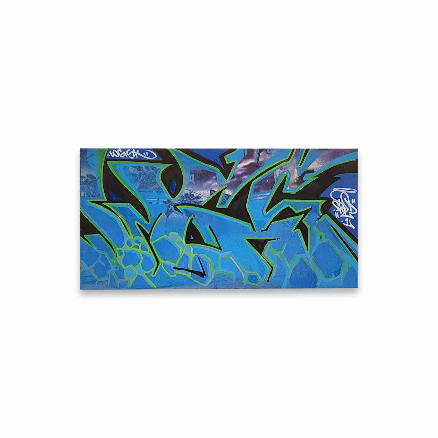 Graffiti-style design with blue and black colors on a white background