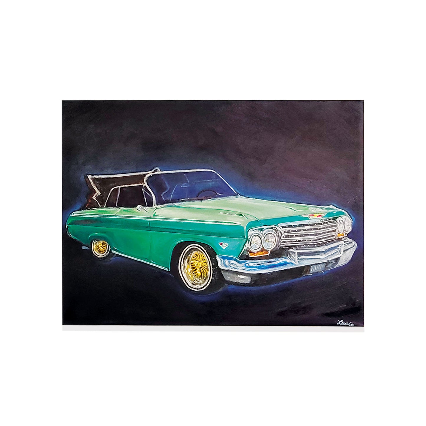 Artistic depiction of a classic green convertible Impala on a dark canvas.