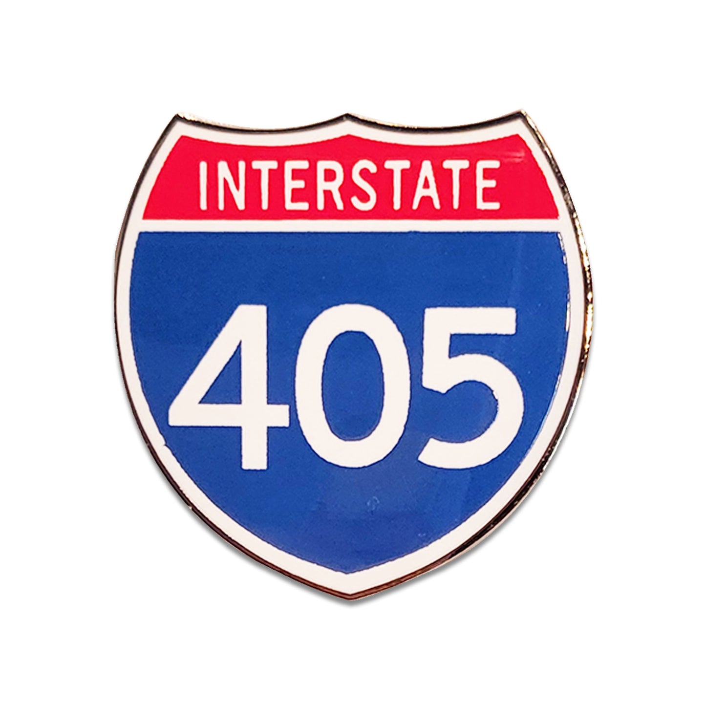 Shiny pin with Interstate 405 design on a white background.